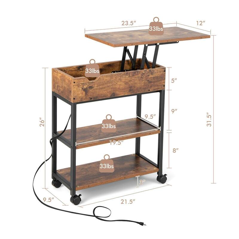 Gymax Lift Top End Table w/ Charging Station Storage Shelves Wheels