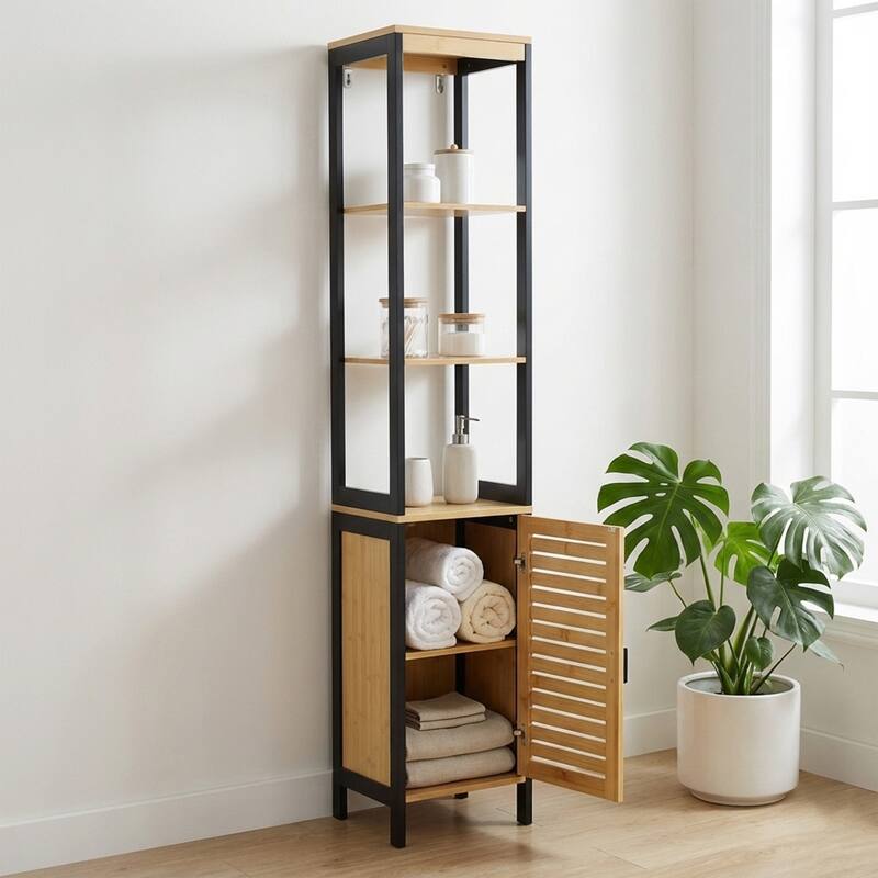 Natural Slim Storage Cabinet with Shelves, Modern Black Frame - 13.4"L x 12"W x 68"H
