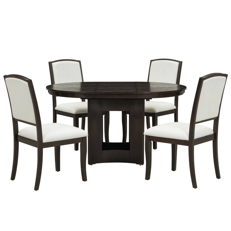 Extendable Round Dining Table Set for 4, 5-Piece Kitchen Table Set with 4 Upholstered Chairs and 16inch Removable Leaf