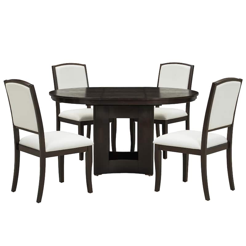 Farmhouse 5-Piece Extendable Round Dining Table Set with 4 Upholstered Chairs for Compact Living Spaces