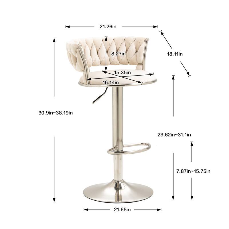 Velvet Swivel Adjustable Height Bar Stools With Sliver Footrest(set of 2)