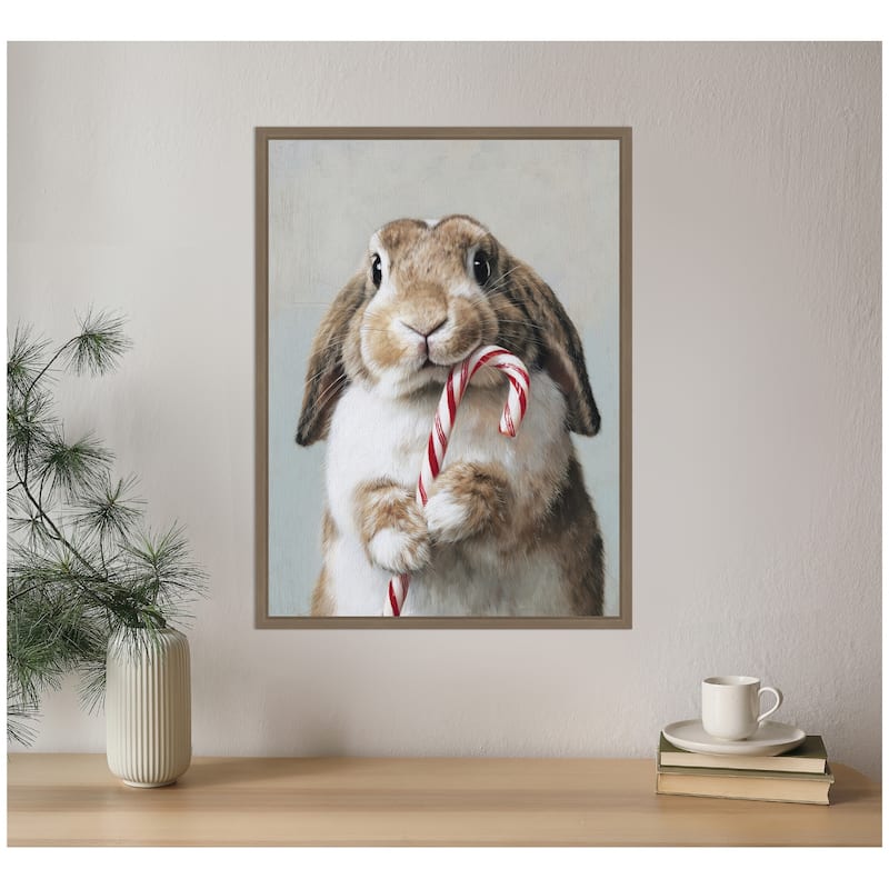 Kate and Laurel Sylvie Framed Canvas Cute Bunny Candy Cane by The Creative Bunch Studio