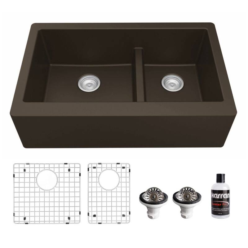 Karran Farmhouse/Apron-Front Quartz Double Bowl Kitchen Sink Kit - Brown