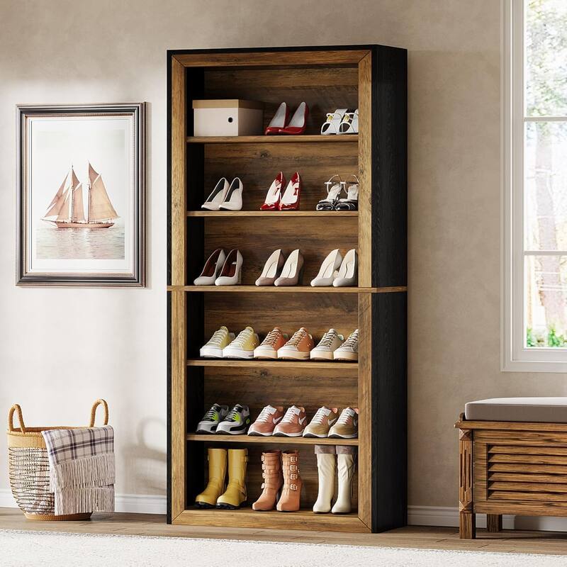 74.4'' Tall Freestanding Shoe Cabinet, Shoe Rack, Closet Storage for Entryway Living Room - Black+Brown