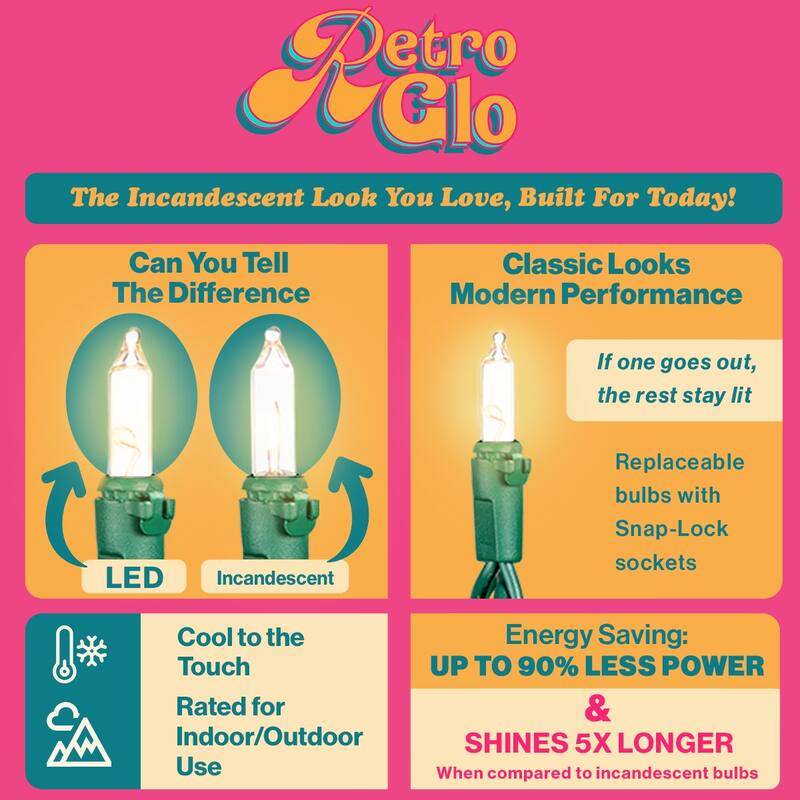 RetroGlo® 46.5' LED Chasing Lights, 140 Clear Bulbs, 16 Functions, Vintage Look