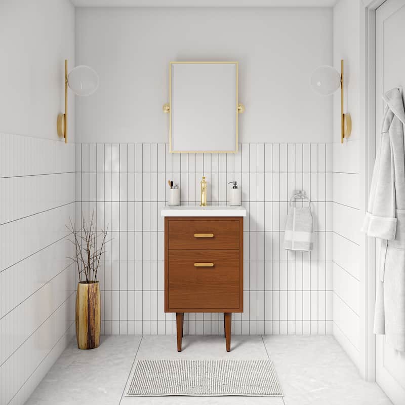 Brandy Integrated Ceramic Sink Top Vanity in Honey Walnut with Satin Gold Single Faucet