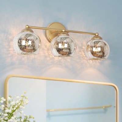 Mid-Century Modern Glam Gold Bathroom Vanity Light 3-Light Wall Lamp with Mercury Glass - 21" L x 7" W x 8" H