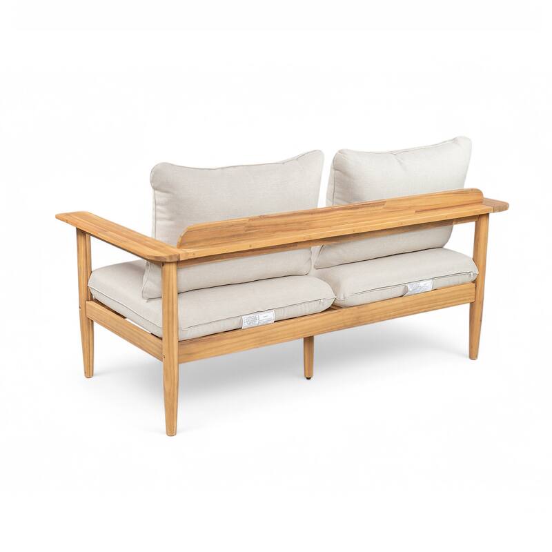 Roomfitters Terassi Outdoor Acacia Wood Loveseat with Wide Armrests, Teak Finish and Beige Cushions