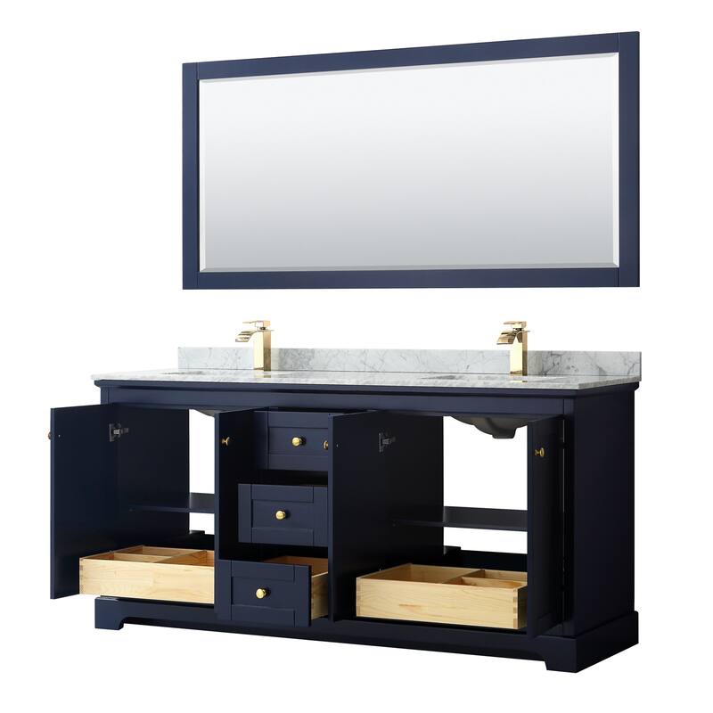 Avery 72-inch Double Vanity, Marble Top, Square Sinks, 70-inch Mirror