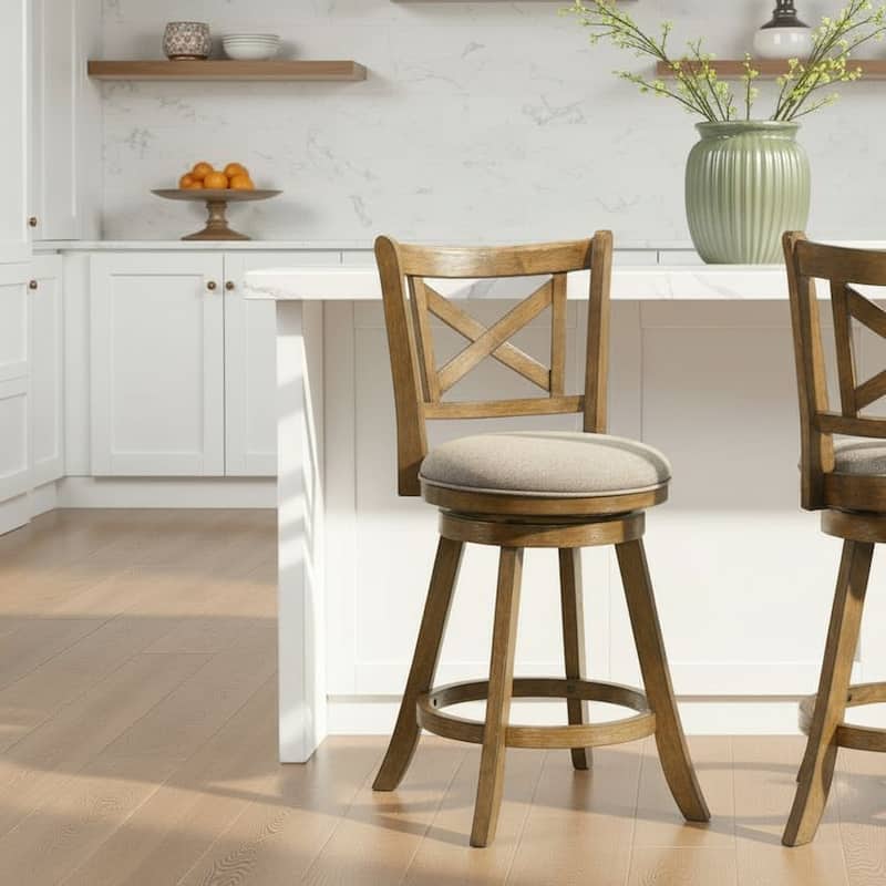 Kodi Modern Farmhouse Swivel Wood Counter Height Kitchen Bar Stool in Sepia Brown Finish with Fabric Upholstered Seat - Single - Static Gray - Counter Height