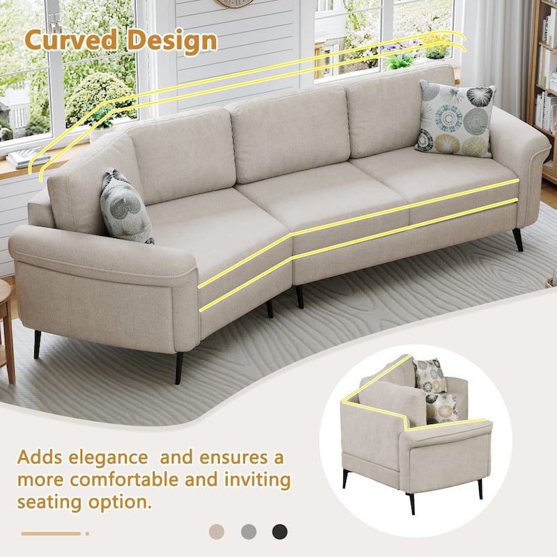 111" Modern Upholstered 3-seater Curved Sofa Couch with 2 Printed Pillows for Living Room