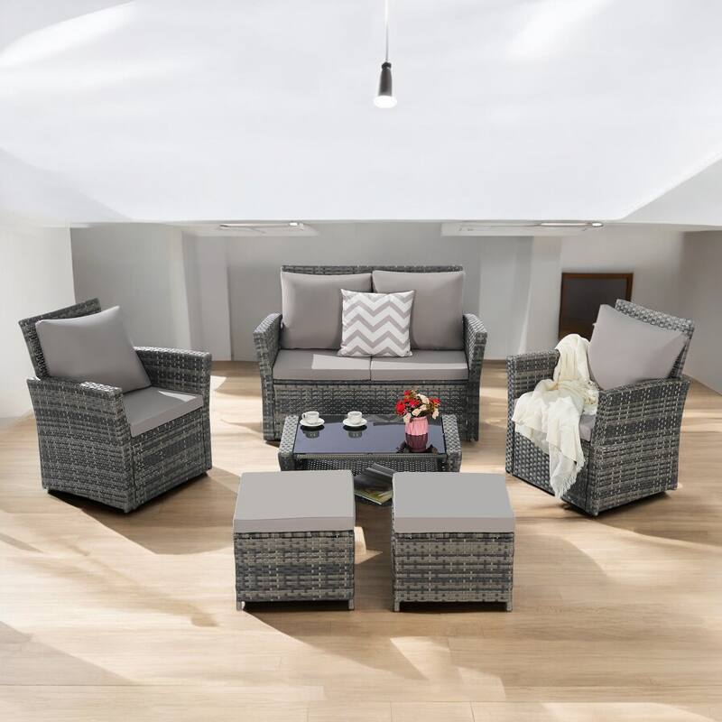 6-Piece Wicker Patio Furniture Set with Cushions & Coffee Table & Ottomans, Sofa for Outdoor Garden, Patio, or Balcony - Light Gray