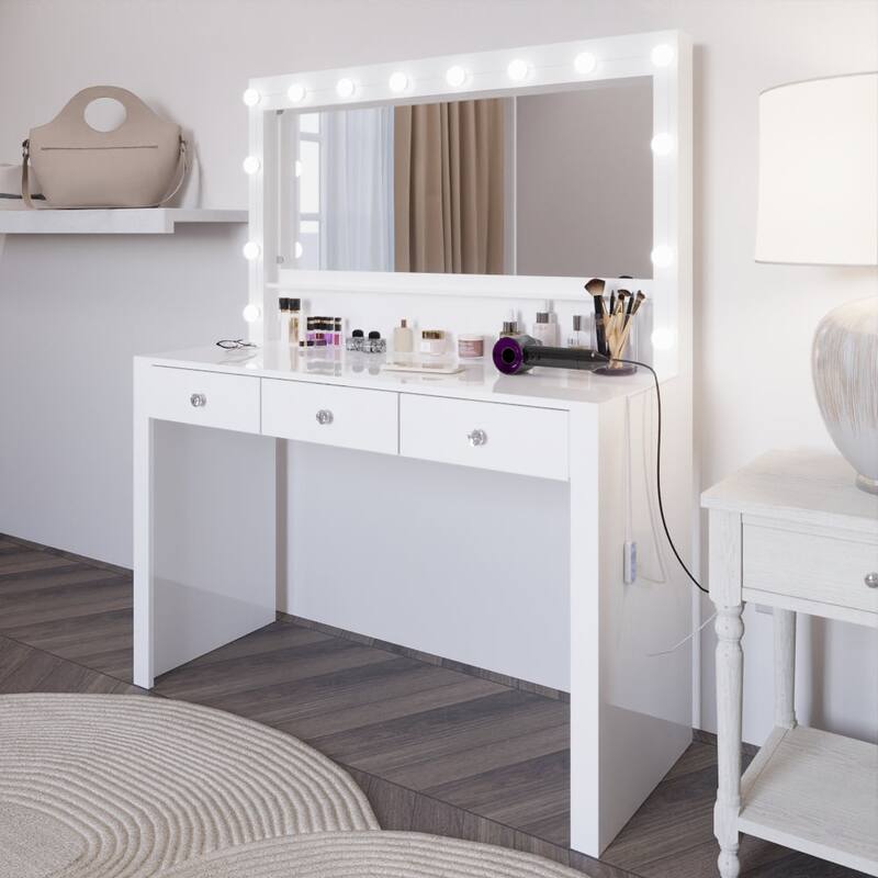 Boahaus Makeup Vanity Table Modern White 3 Drawers Light Bulbs Crystal Knobs