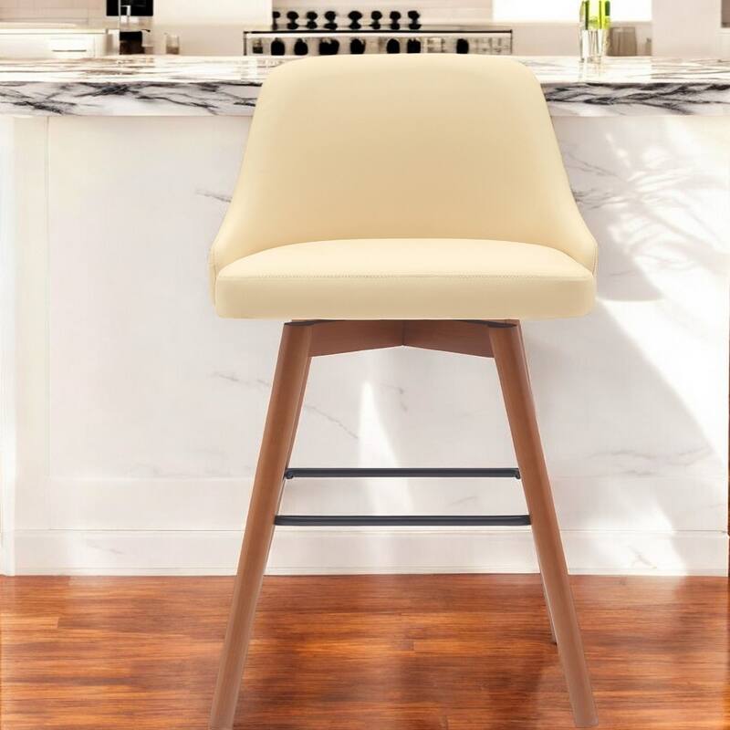 Faux Leather Swivel Bar Chair with Solid Wood Base and Footrest
