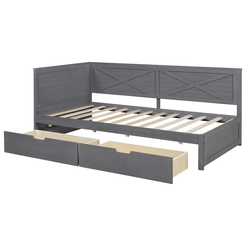 Twin Size Wood Daybed with Guardrail and 2 Storage Drawers for Master Bedrooms, Guest Rooms