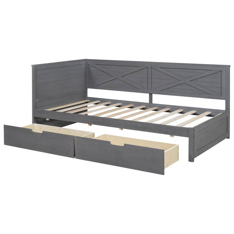 Twin Wood Daybed with 2 Storage Drawers and X-Pattern Guardrail - No Box Spring Required, Ideal for Small Spaces