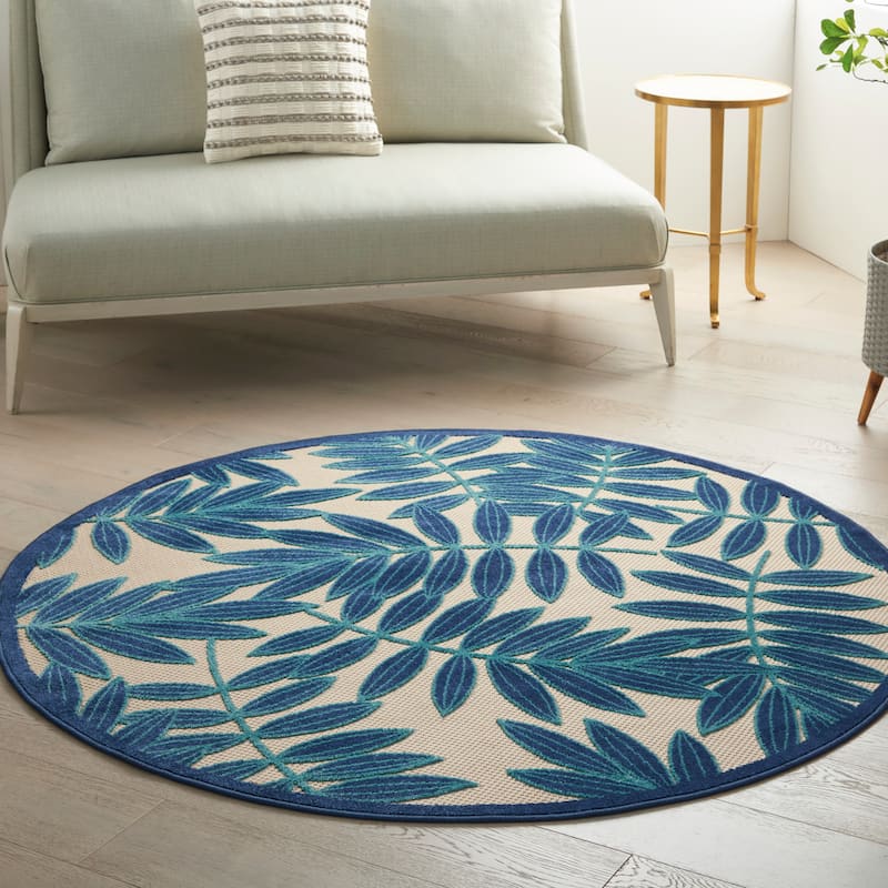 Nourison Aloha Leaf Print Vibrant Indoor/Outdoor Area Rug - 4' Round - Blue/White