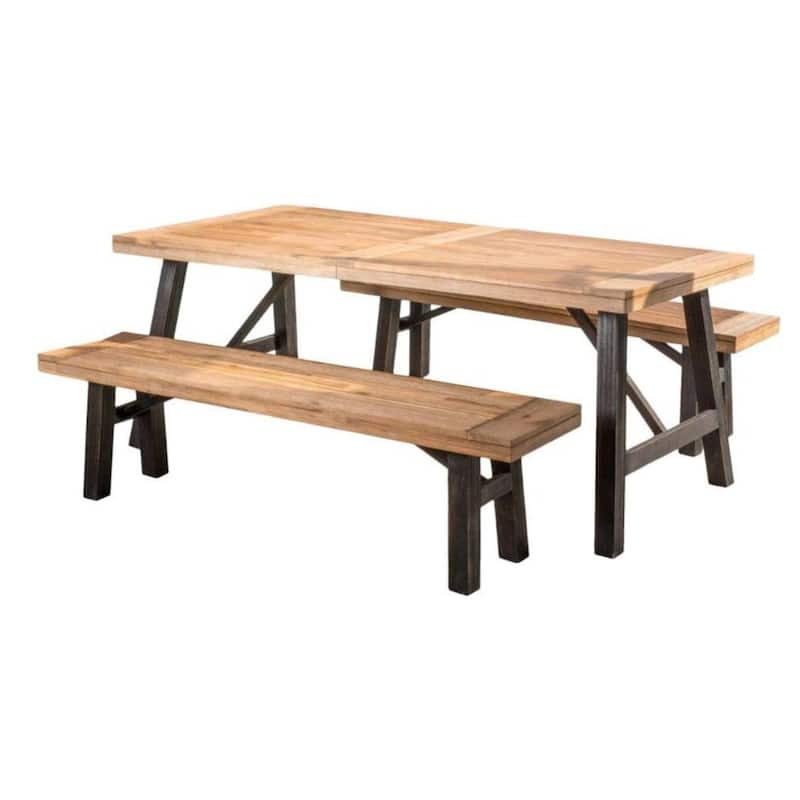 Outdoor 3 Piece Acacia Wood Rectangular Dining Table Set with 2 Benches Slatted Tabletop Patio Garden Picnic Table