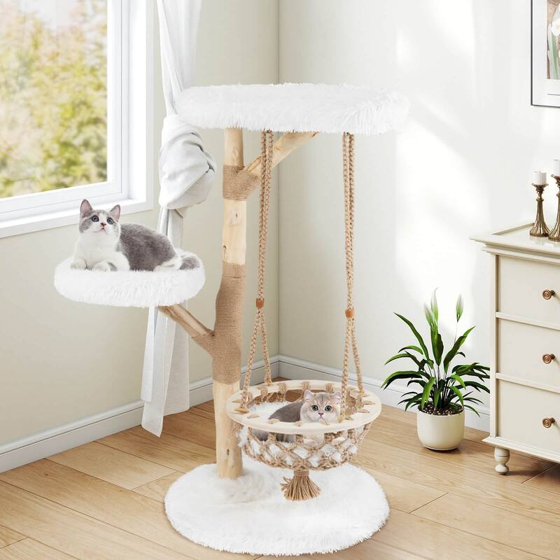 Costway 48.5” Solid Wood Cat Tree with Hanging Cradle Jute Scratching - as pic shows - See Details