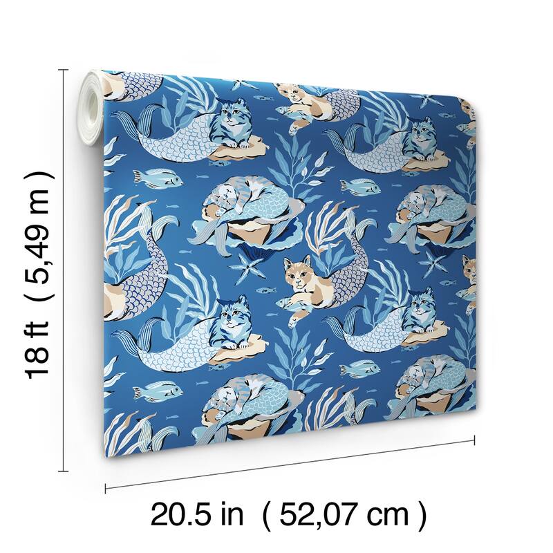 PrintFresh Meowing Mermaids Blue Peel and Stick Wallpaper
