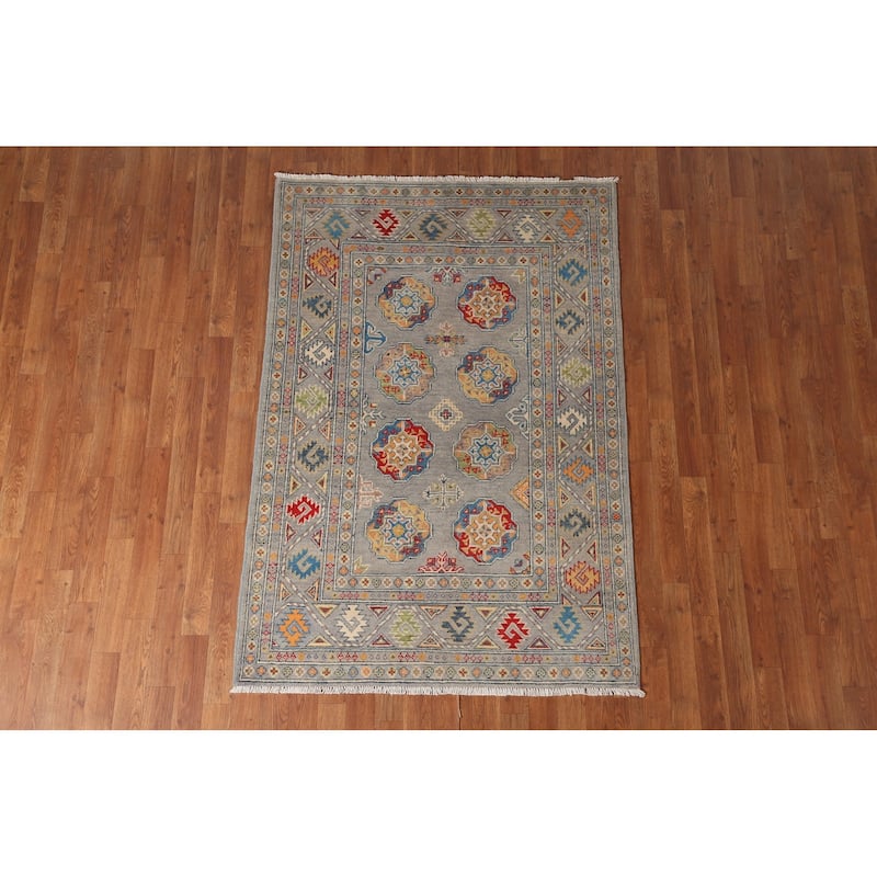 Traditional Kazak Area Rug Hand-Knotted Grey Wool Carpet - 4'0" x 5'11"