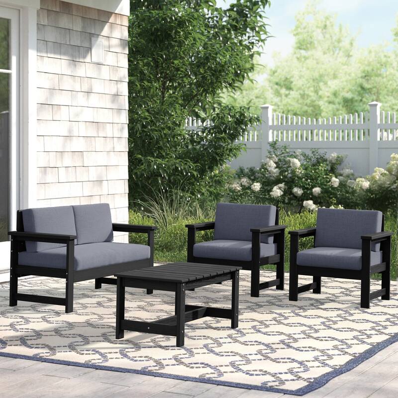Outdoor Patio HDPE Sectional Sofa and Table Set, Removable Cushions Included, a Loveseat, 2 Single Sofas