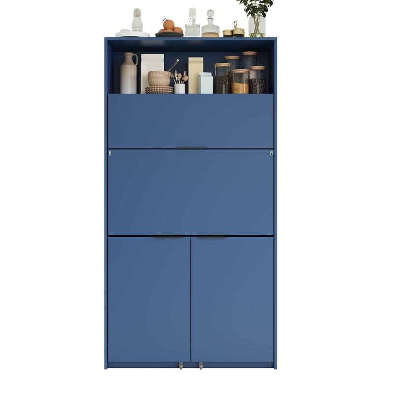 Compact Kitchen Pantry Storage Cabinet, 69" H Buffet Sideboard Server Table with Drop-Down Workstation & Power Outlet