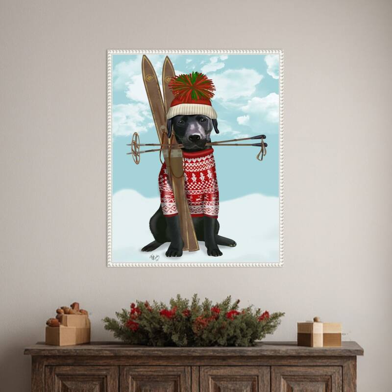 Black Labrador Skiing by Fab Funky (23 x 28 in.), Framed Canvas Wall Art Print - Sylvie Beaded White