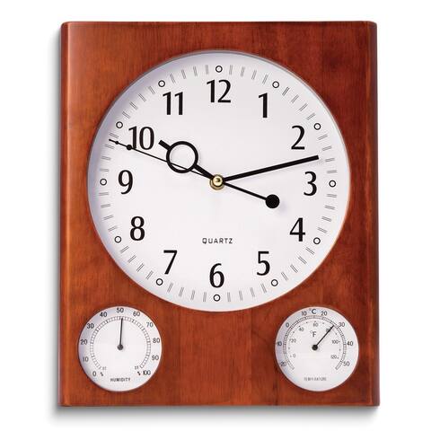 Curata Cherry Wood Wall Clock with Thermometer and Hygrometer - 12.75x10.75"
