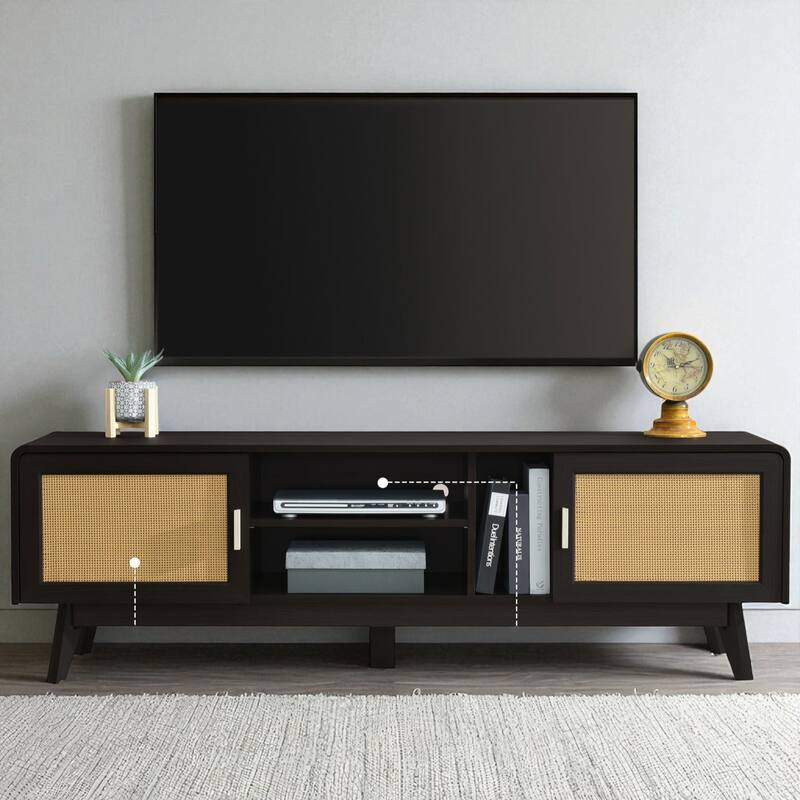 63'' Boho Rattan TV Stand for 65 Inch TVs, Entertainment Console with Cabinets and Open Shelves, Solid Wood Legs