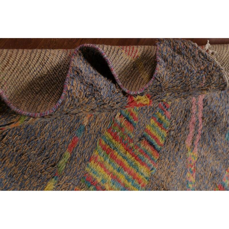 Brown & Blue Moroccan Abstract Area Rug Handmade Wool Carpet - 8'10"x 12'9"