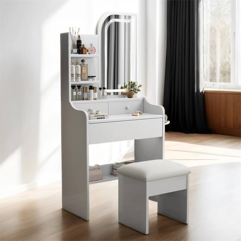 Vanity Desk with Mirror, Lights for Makeup, hair dryer holder, Chair - White