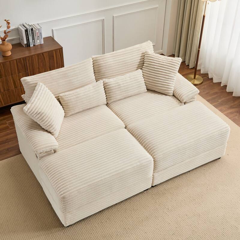 Double Chaise Lounge Set with Reversible Ottoman - Soft Corduroy Fabric, Storage Ottomans,USB Port, Multi-Functional Seat/Table - Beige