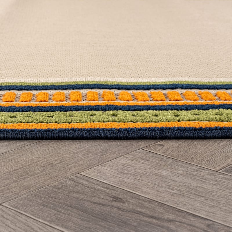 World Rug Gallery Indoor/Outdoor High-Low Textured Area Rug, Coastal Border Easy-Clean Patio Rug