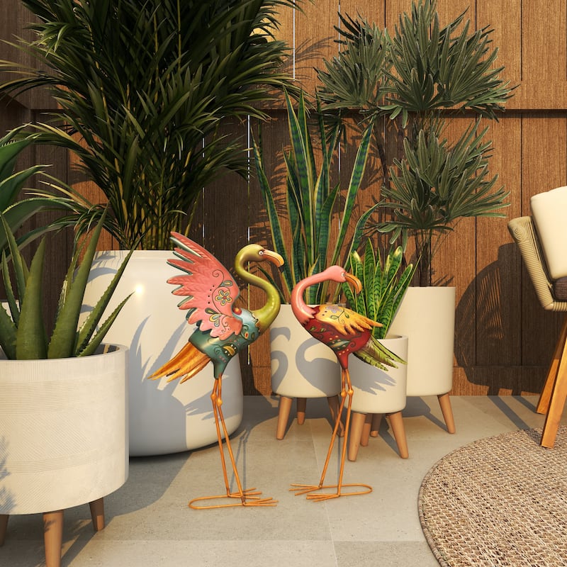 Metal Flamingo Indoor Outdoor Embossed Standing Decorative Garden Sculpture - Set of 2 Multi Colored - Roche River Decor
