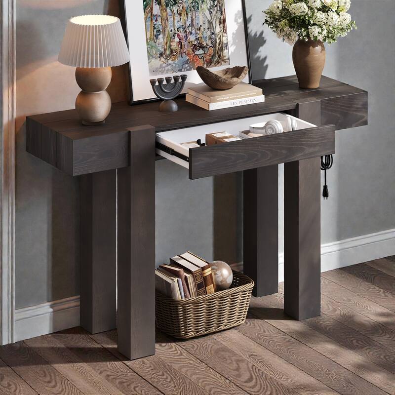 Rustic Minimalist Console Table with Hidden Drawer & Power Outlet, Solid Wood Entryway Table for Living Room & Home Office