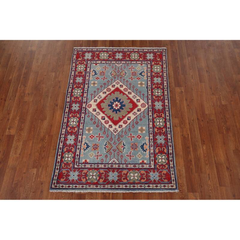 Light Blue Kazak Foyer Rug Hand-Knotted Wool Carpet - 3'3" x 4'11"