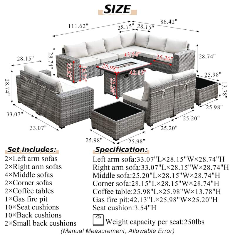 XIZZI 13-piece Patio Wicker Furniture Wide Armrest Set with Firepit