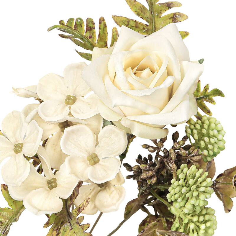 Set of 2 Cream Ivory Artificial Mixed Tea Rose Hydrangea Berry Flower Stem Bush Bouquet 15in - 15" L x 9" W x 9" DP