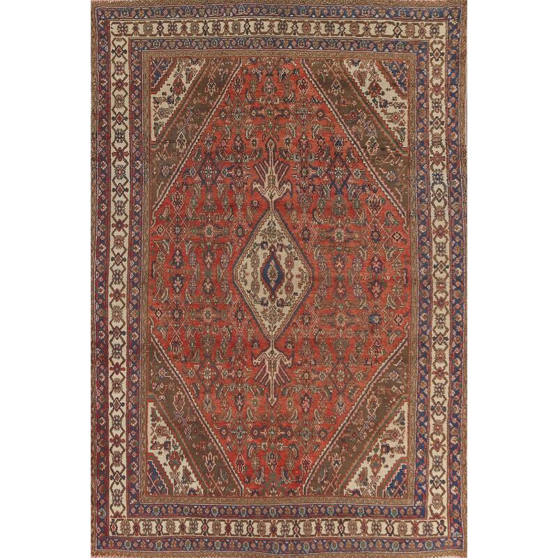 Geometric Hamedan Persian Vintage Area Rug Hand-Knotted Wool Carpet - 6'11"x 10'0"