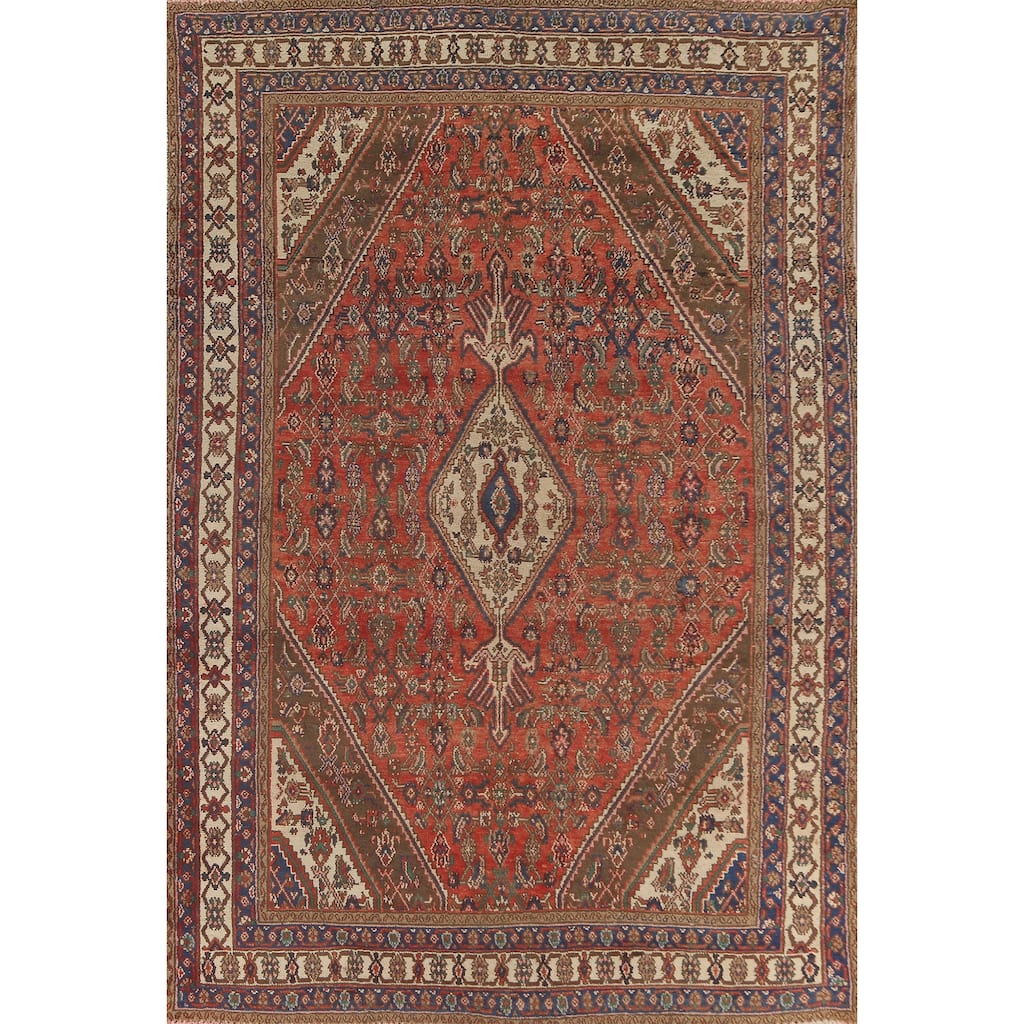 Geometric Hamedan Persian Vintage Area Rug Hand-Knotted Wool Carpet - 6'11"x 10'0"