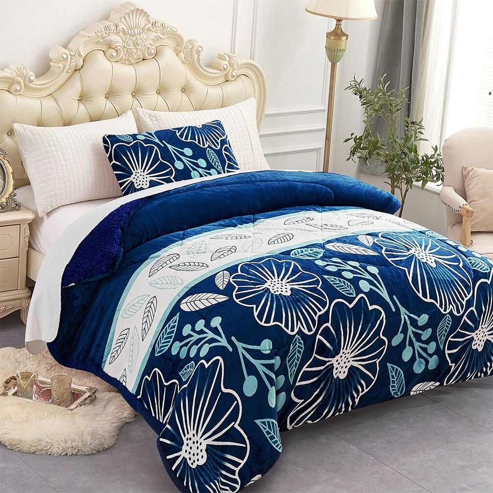 Kids Comforter Sherpa Set Twin Size with Pillow Sham Blue Flower