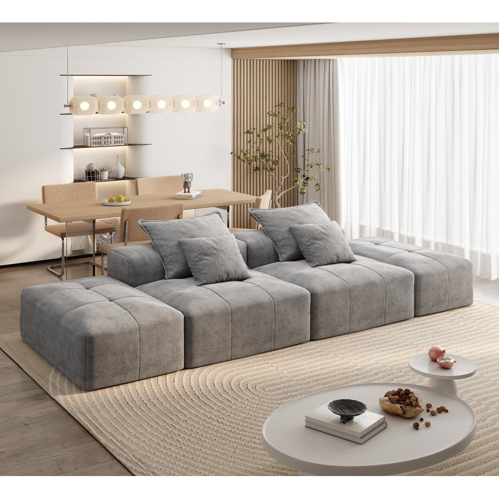 Floor Sofa Sectional Couch with 2 Ottoman, Modern Oversized Chenille Modular Sofa with 4 Pillows for Apartment