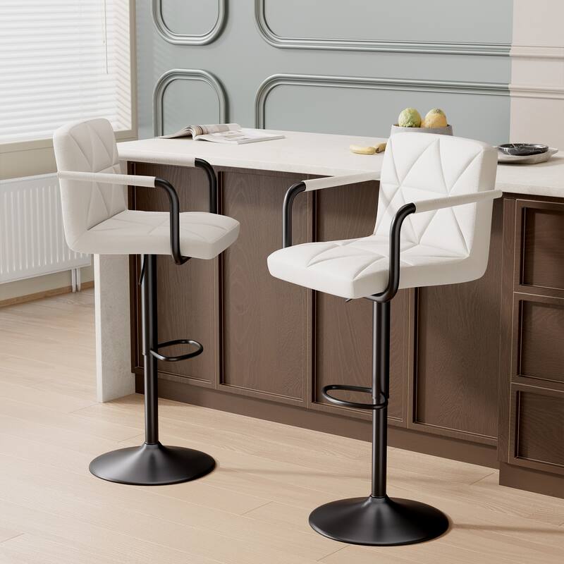 Modern Bar Stools Set of 2 Upholstered Faux Leather Barstools with Back and Arms Height Adjustable Bar Chairs - White
