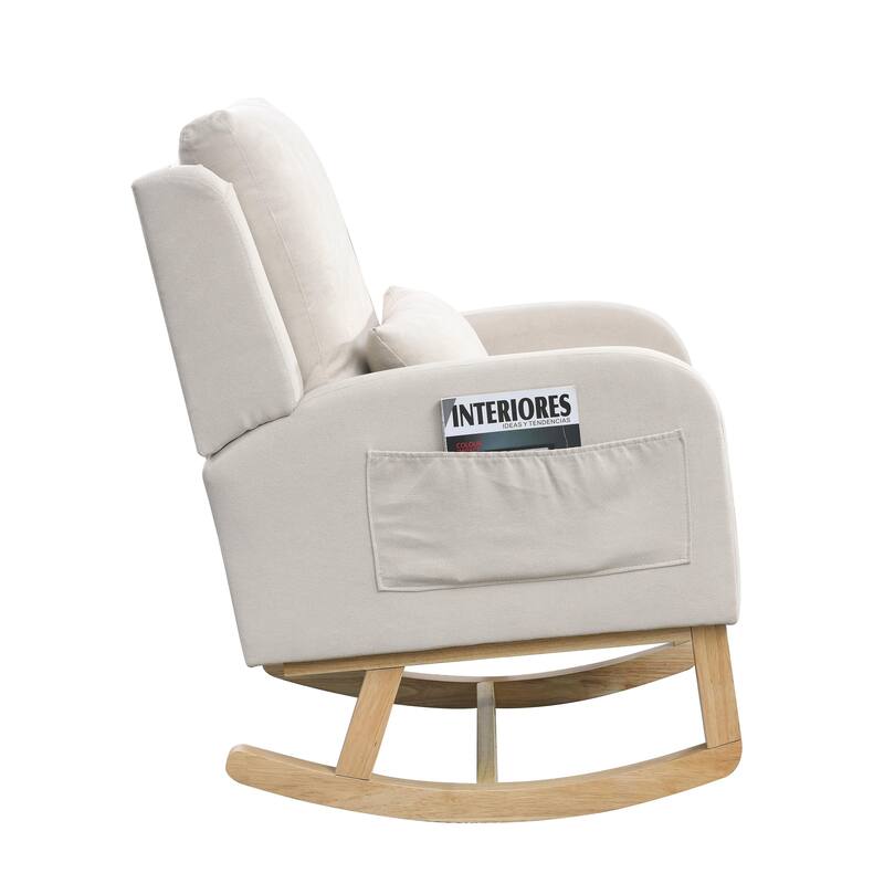 High Back Rocker Accent Chair with Wood Base, One Lumbar Pillow and Two Side Pockets