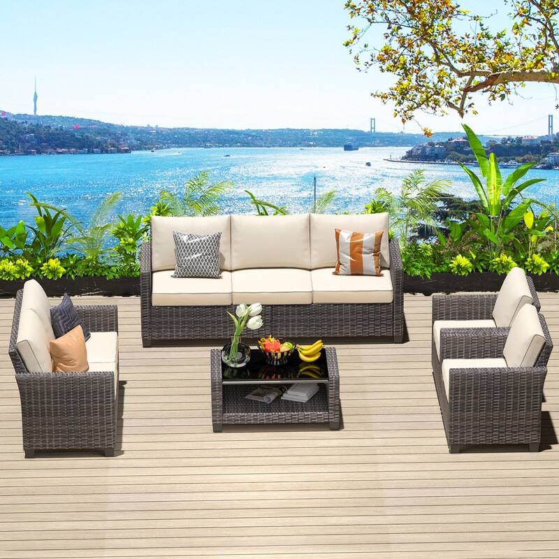 5-Piece Patio Wicker Conversation Sofa Set with Coffee Table,Rattan Sofa Chair with Cushion