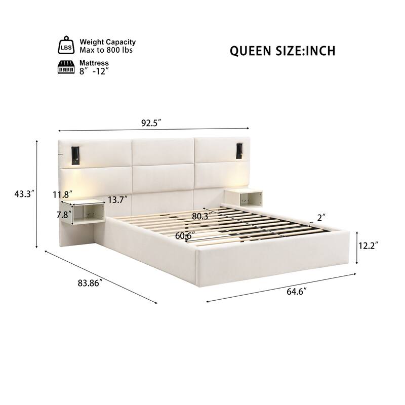 Christopher Knight Home - Mid-Century Modern Chenille Upholstered Smart Bed with Reading Lights & Built-In Shelves