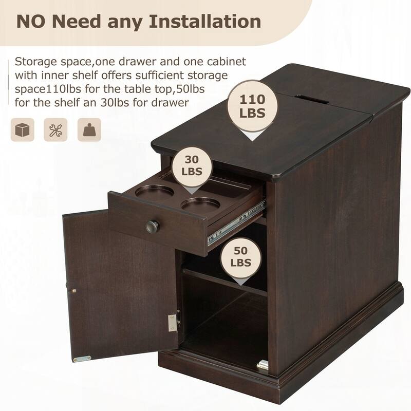 End Table Side Table with USB Ports and One Multifunctional Drawer with cup holders