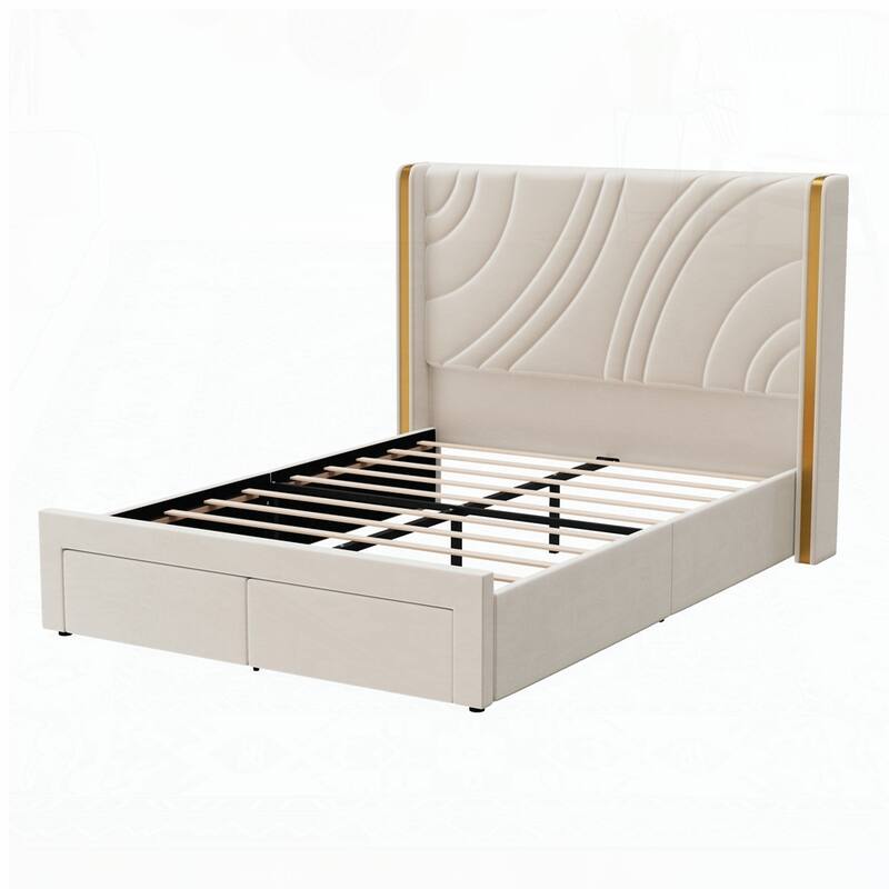 Velvet Platform Bed with Wingback Headboard and RGB Light