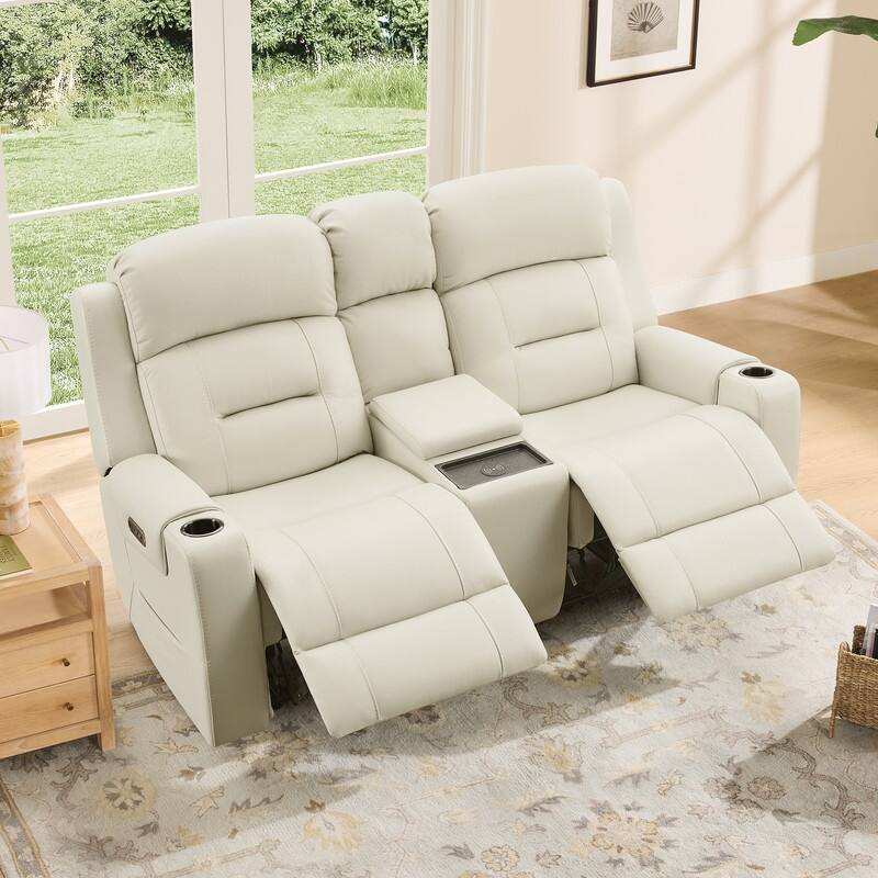 Spruce & Spring Genuine Leather Power Reclining Sofa with Wireless Charging - 2PC+Console - Cream